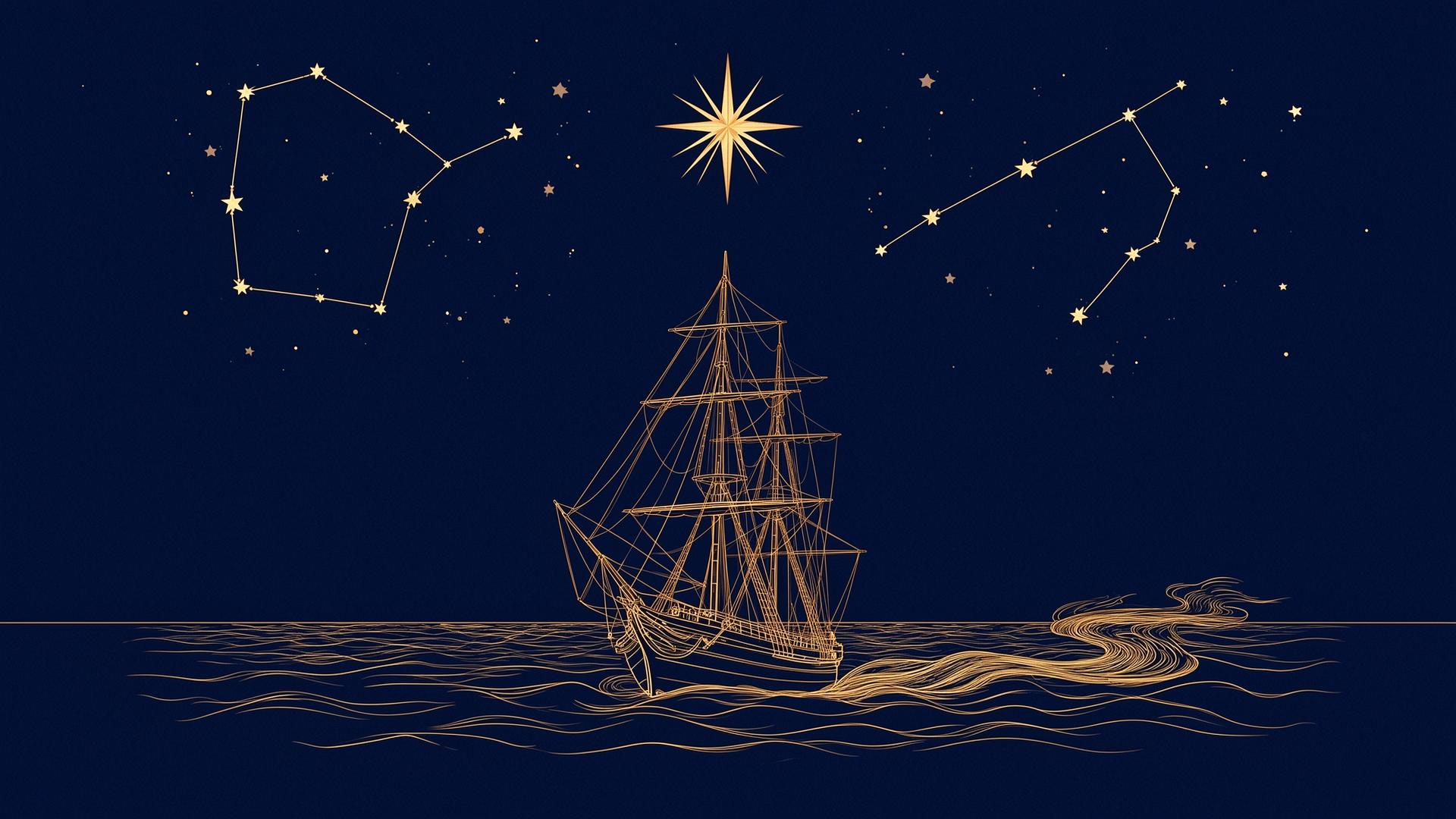 A tall sailing ship under a starry cobalt sky